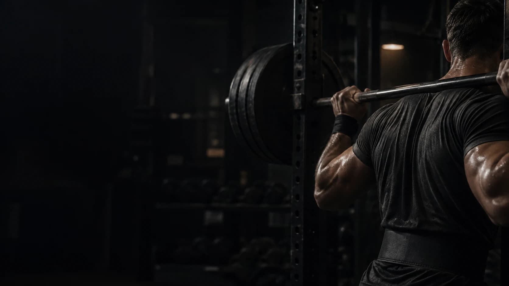 Atleta visto de costas preparando um agachamento com barra em uma academia escura